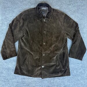 Vintage J Crew 100% Leather Suede Mens Brown Lined Button Front Barn Jacket Coat